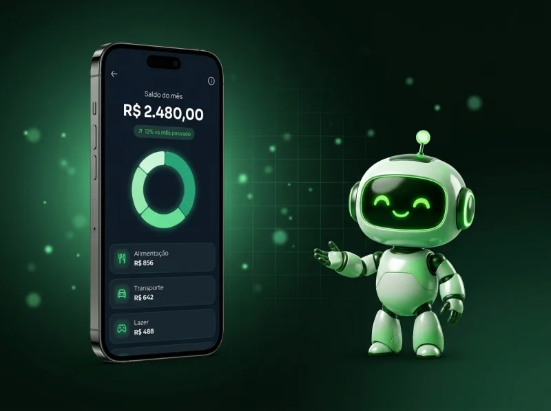 O mascote do Vitor Acessor ao lado do celular com o app de finanças